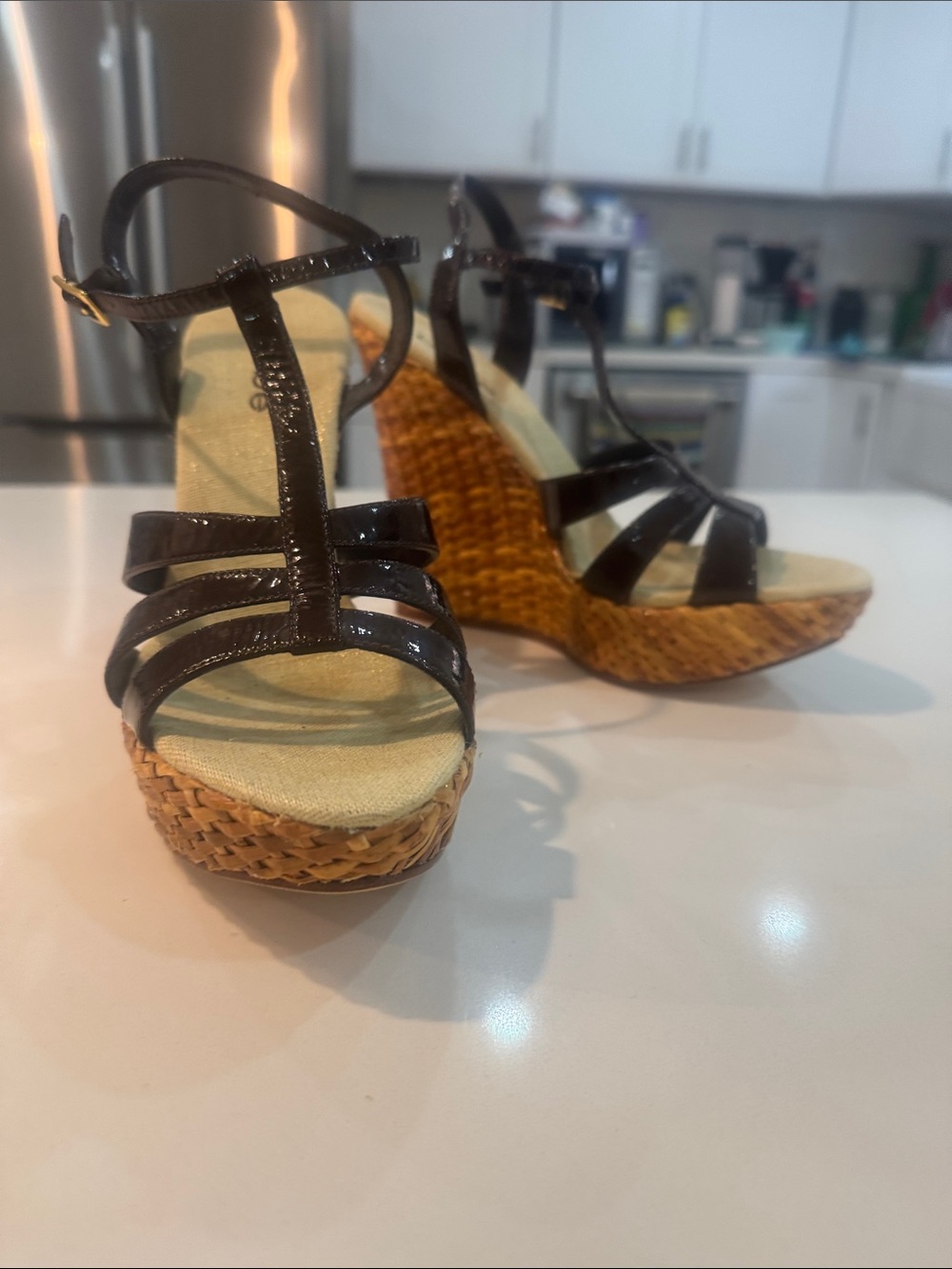 bebe brown Patent Leather Wedge Sandals with Woven Tan Platform